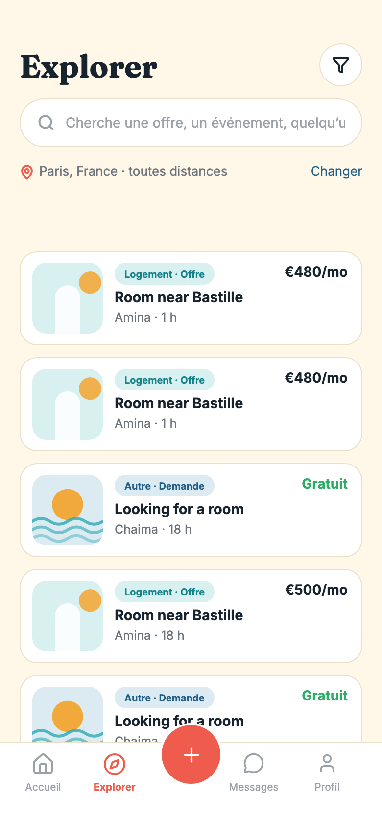 L’écran Explorer de Tounsya : les annonces d’entraide près de chez soi, avec leurs catégories