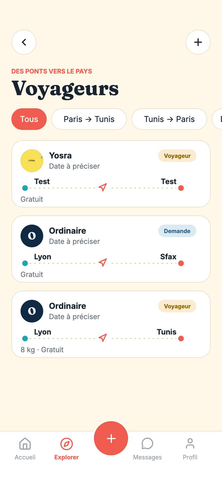 L’écran Voyageurs de Tounsya : les trajets proposés entre Paris et Tunis, avec leurs dates